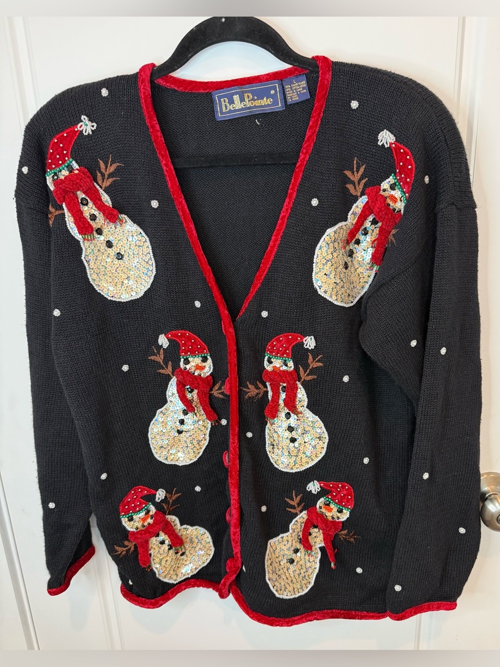 Belle Pointe VTG 90s Whimsical Cardigan Large Womens Beaded Snowmen